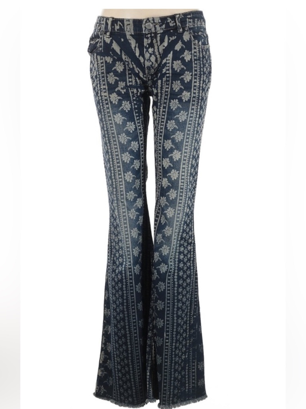 Free People We The Free Flares Indigo Jeans Size 30 NWT Boho Mantra Bali Print